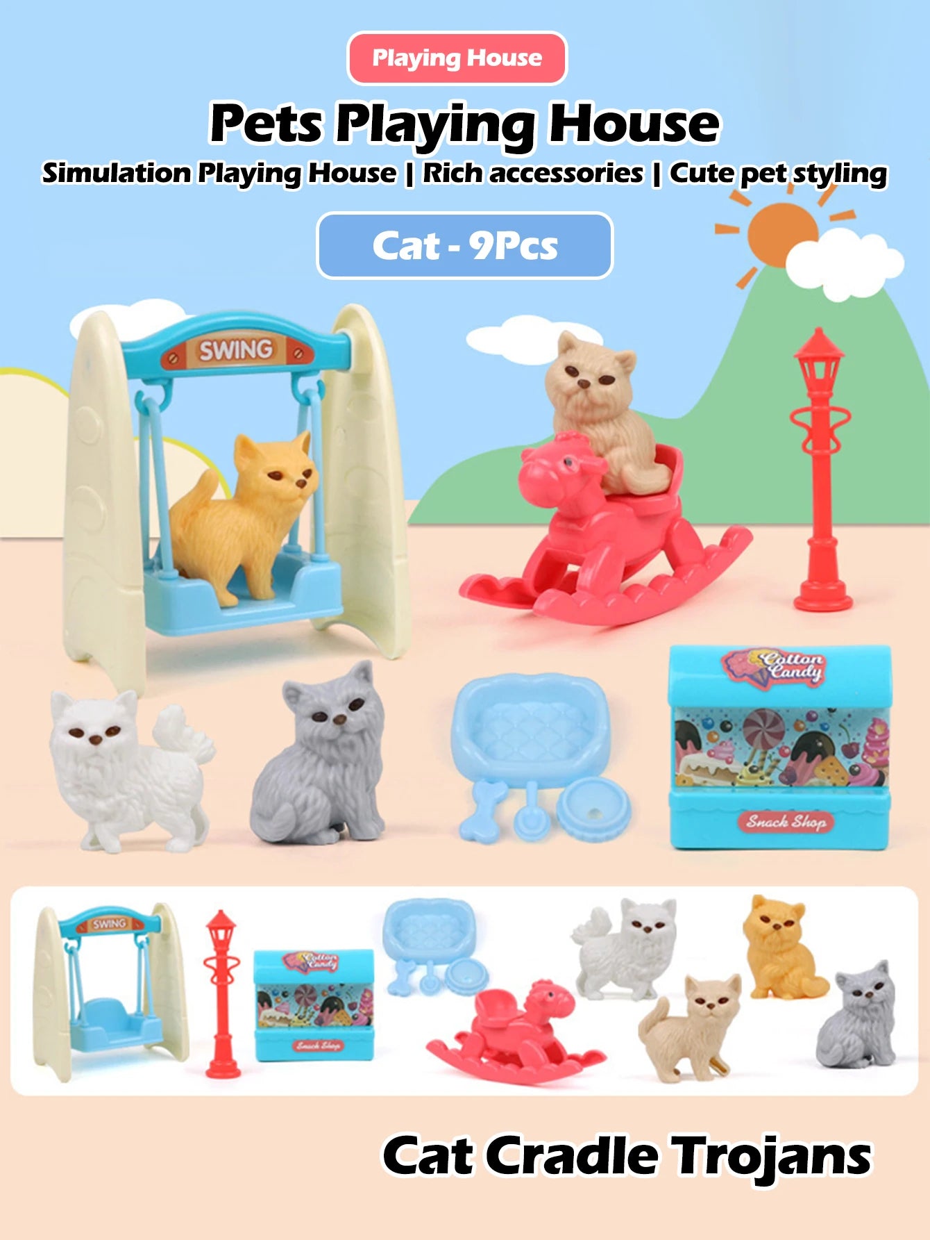 Mini doll pet accessory set, children's playhouse toy pet set, cat and dog bath, park, scene set, birthday and Christmas gifts Good Vibrations