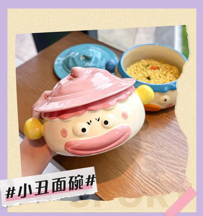 Clown Instant Noodle Bowl Ceramic Dormitory Student with Lid with Handle Convenient Soup Bowl Good Vibrations