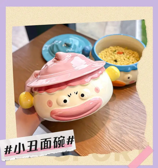 Clown Instant Noodle Bowl Ceramic Dormitory Student with Lid with Handle Convenient Soup Bowl Good Vibrations