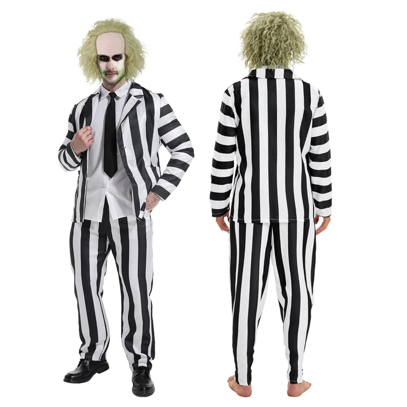 Men's Adult Halloween Costume Black and White Striped Suit Shirt and Tie Scary Costumes Spooky Beetla Halloween Cosplay Outfits Good Vibrations