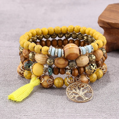 4Pcs/Set Boho Wooden Beaded Bracelet Set For Women Tree Of Life White Tassels Charm Elastic Chain Bangle Lady Bohemia Jewelry Good Vibrations