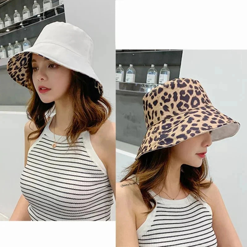Flattop Ladies' Hat Street Women Leopard Print Bucket Comfortable Breathe Foldable Beach Flat Top Sun Fishing Hats for Women Good Vibrations
