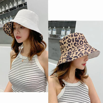 Flattop Ladies' Hat Street Women Leopard Print Bucket Comfortable Breathe Foldable Beach Flat Top Sun Fishing Hats for Women