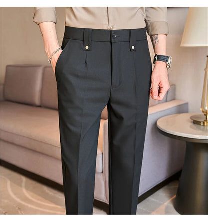 Mens Suit Pants 2025 Autumn New British Style Elastic Waist Solid Casual Formal Dress Pants Slim Fit Trousers for Men Clothing Good Vibrations