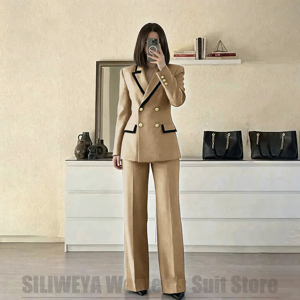 Women's Red Suit Two Piece Set Double Breasted Blazer with Black Trim and Pants Elegant Formal Fashion Daily Casual Party Tuxedo Good Vibrations