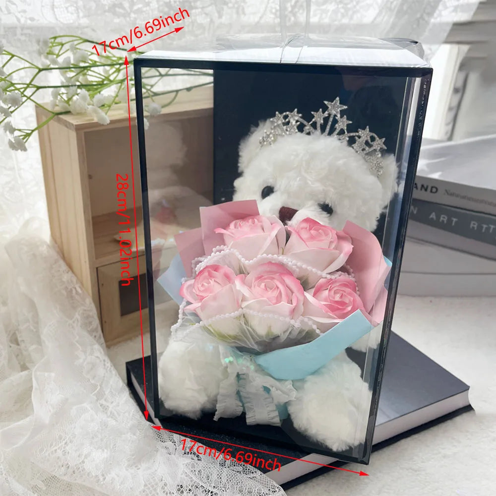 1pcs Plush Bear Rose Flower Bouquet Gift Box Luxury Artificial Soap Flowers Wedding Birthday Christmas New Year Party Decor Prop Good Vibrations