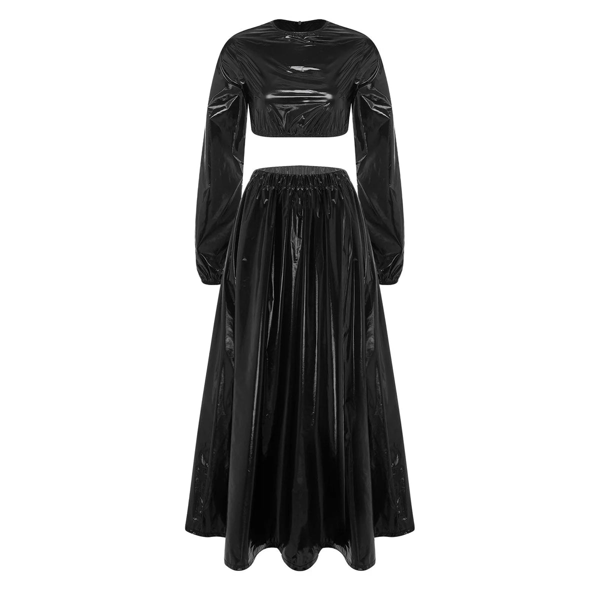 Women's Dress Set Waterproof Two Pieces Outfits Clubwear Long Sleeve Crew Neck Crop Top A-Line Swing Hem Midi Skirt Party Wear Good Vibrations