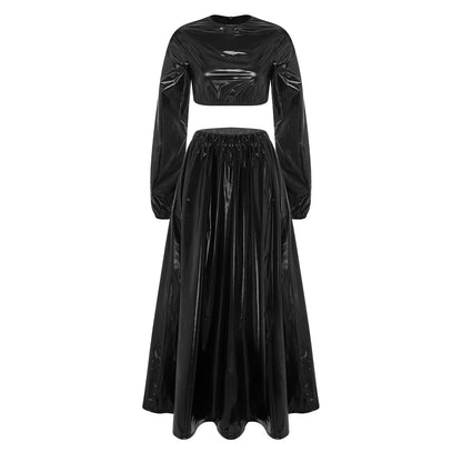 Women's Dress Set Waterproof Two Pieces Outfits Clubwear Long Sleeve Crew Neck Crop Top A-Line Swing Hem Midi Skirt Party Wear Good Vibrations