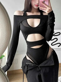 Hollow Out Sexy Bodysuit Lingerie Long Sleeve Bustier One-pieces Lenceria Femenina Solid Black Body Feminino Club Rave Outfit GOOD Vibrations