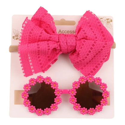 2pcs/set Soft Elastic Children Bowknot Headband Cotton Solid Color Baby Bows Turban Wide Kids Sunglasses Set Girls Headdress Good Vibrations