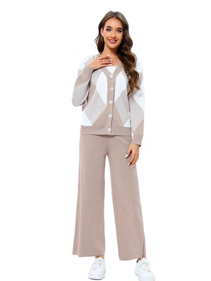 GIGOGOU CHIC Wide Leg Pants Spring Autumn Women Cardigan Set Fashion Knit Outwear 2piece Sweater Tracksuit Good Vibrations