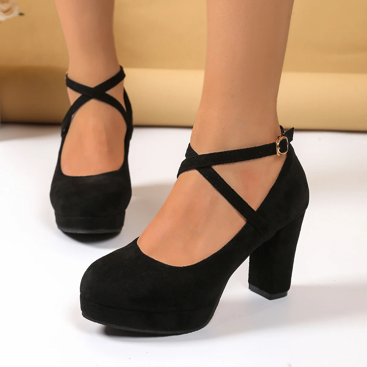 Women Shoes on Heels Women Platform Pumps Spring Summer Shallow Cross Strap Buckle Shoes Round Toe Shoes for Women High Heels Good Vibrations