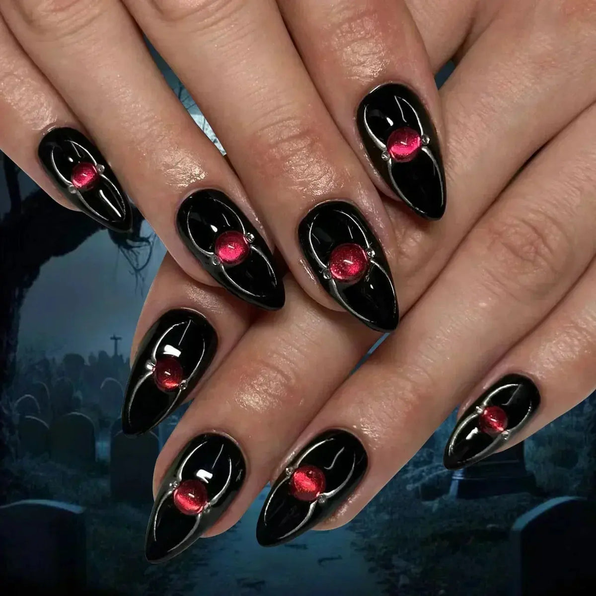 24Pc Halloween False Nails with Almond Head Designs Cute Clown Fake Nails French Full Cover Manicure Press on Nail Tips for Girl Good Vibrations