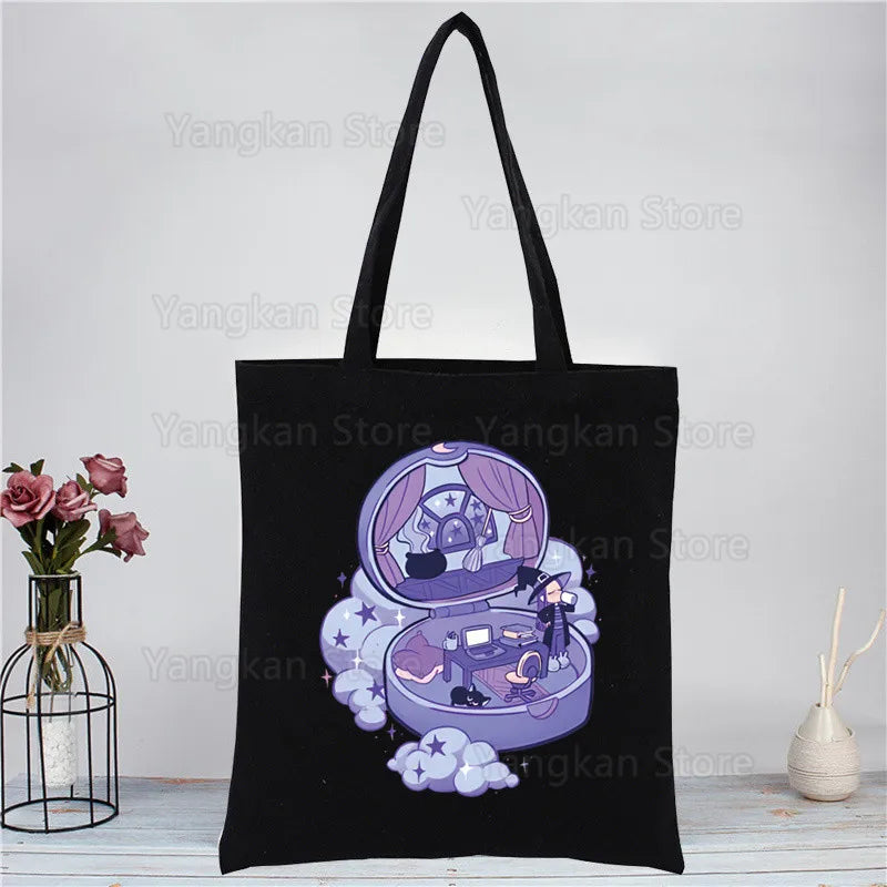 Kawaii Polly Pocket Shopping Bag Women Canvas Tote Bags Printing Eco Bag Cartoon Shopper Shoulder Bags Black Good Vibrations