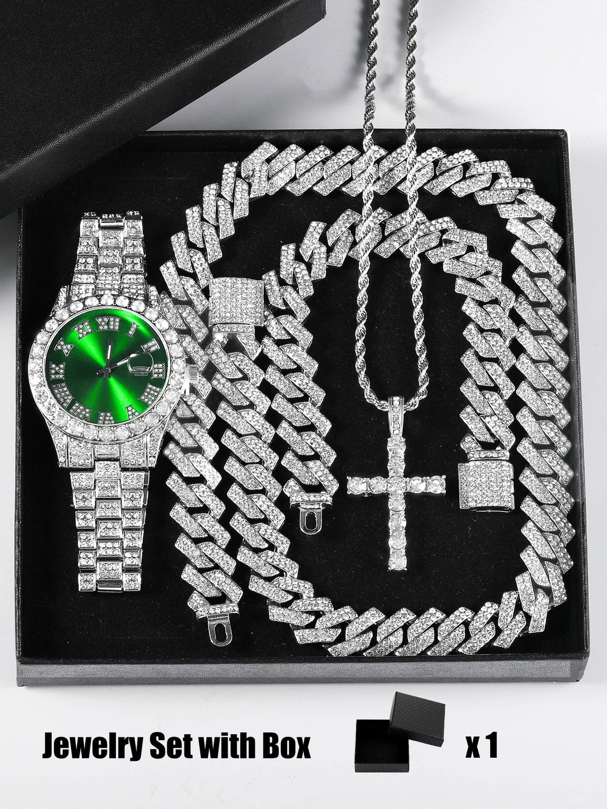 Quartz Watch Set Gift Box Cuban Necklace Bracelet Cross Classic Full Diamond Watch Shining Luxury Gift giving Festival Chain Hip Good Vibrations