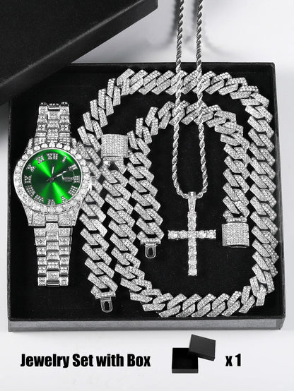 Quartz Watch Set Gift Box Cuban Necklace Bracelet Cross Classic Full Diamond Watch Shining Luxury Gift giving Festival Chain Hip Good Vibrations