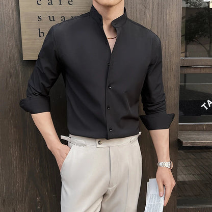 New Chinese Style Stand-Up Collar Shirt Luxury Solid Color Long Sleeve Slim Fit Elastic Casual Social Party Shirts Tuxedo 4XL-M Good Vibrations