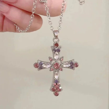 Подвеска Cross Necklace For Women Rhinestone Pendant Clavicle Chain Charm Party Jewelry Gifts Punk Pink Purple Zircon Gothic Good Vibrations