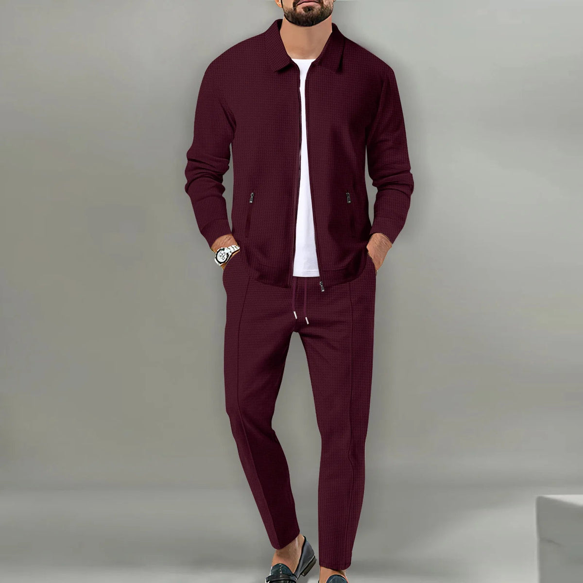 Autumn Winter Men's Casual Blazer Set New Fashion Waffle Baseball Suit Round Neck Pocket Zipper Long Sleeve Trousers Two-Piece S Good Vibrations