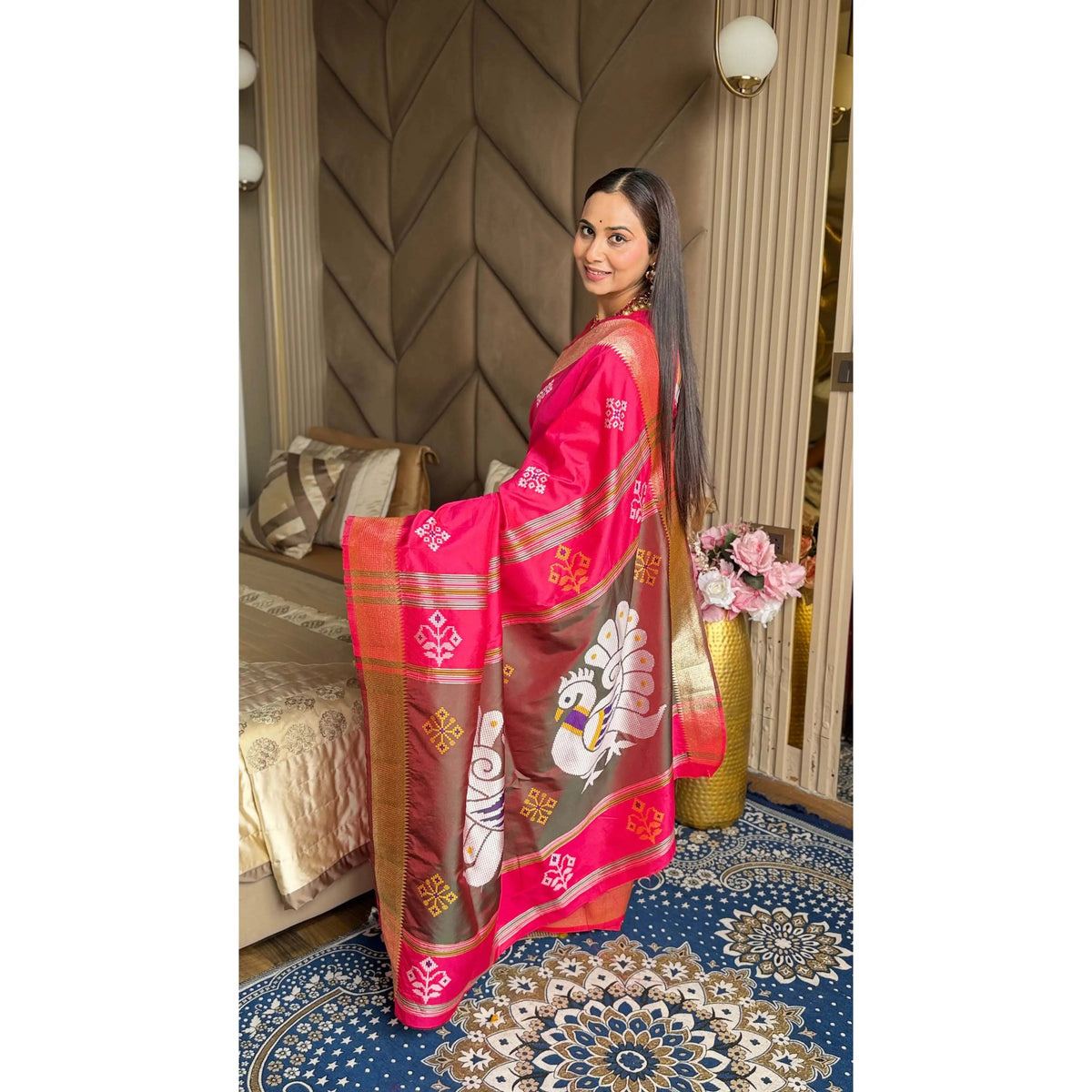 Elite Weaves Soft Silk Ikkat Patola Saree with Meenakari Motifs Peacock Pallu & Gold Zari Border Wedding Dresses Good Vibrations