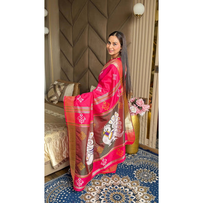 Elite Weaves Soft Silk Ikkat Patola Saree with Meenakari Motifs Peacock Pallu & Gold Zari Border Wedding Dresses Good Vibrations