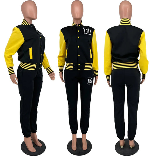 CM.YAYA Baseball Women's Set Autumn Winter Button Up Patchwork Sweatshirt and Pants Matching Two 2 Piece Set Outfits Tracksuit Good Vibrations