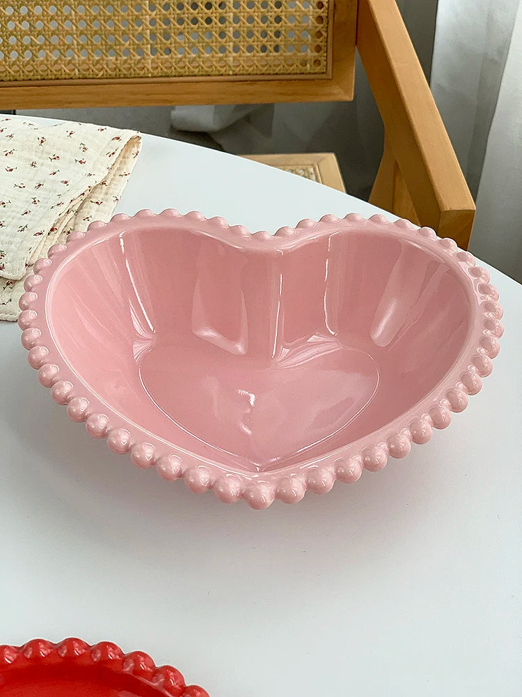 Creative Pink Bead Dots Ceramic Heart Dinner Plate Tableware Home Dessert Cake Plate Porcelain Salad Plate Kitchen Utensils New Good Vibrations