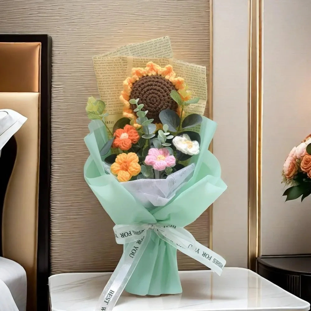 Artificial Flower Crochet Bouquet Handmade Eternal Flower Sunflower Daisy Bouquet Anniversary Mothers Day Birthday Gift Good Vibrations