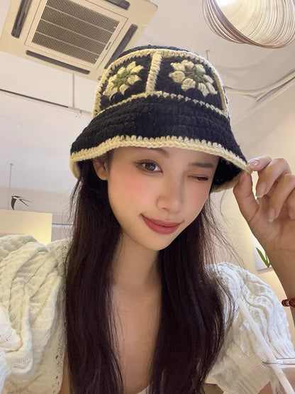 2024 Spring New Crochet Hat Korean Handmade Bucket Hat Women's Weaving Knitted Hat Y2k Fashion Flowers Autumn Winter Ins Beanies Good Vibrations