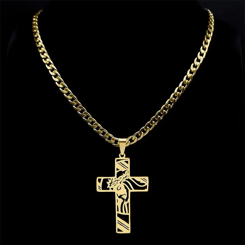 Hip Hop Punk Crown of Thorns Jesus Cross Necklace for Men Stainless Steel Gold Plated Crucifix Pendant Necklaces Jewelry N8052 Good Vibrations