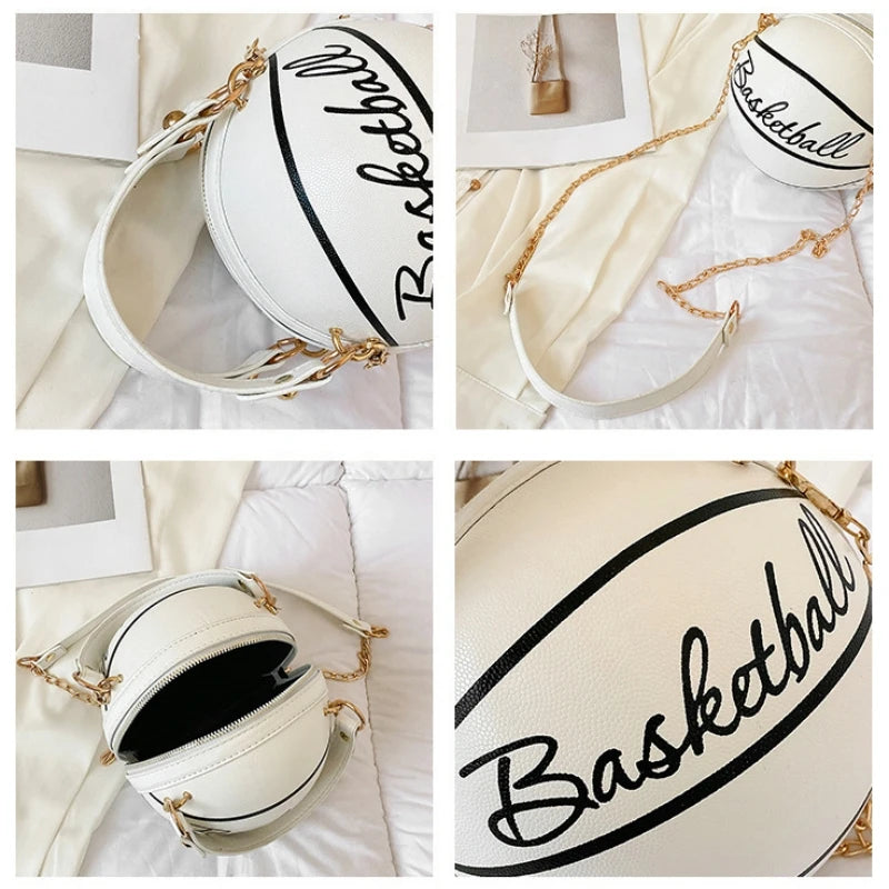 Women's Shoulder Bag PU Leather Chain Funny Round Basketball Letters Printed Youth Handbag Purse Fashion Crossbody Messenger Bag Good Vibrations