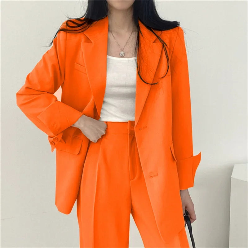 Classic Solid Color Women's Suit Set Fashion Loose Casual Design Spring Autumn Two-Piece Sets Office Long Sleeve Pocket Suits Good Vibrations