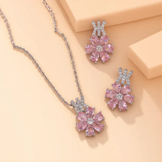 Charm Bridal Pink Zircon Big Flower Stud Earrings Pendants Necklaces For Women Silver Color Wedding Engagement Jewelry Sets Good Vibrations
