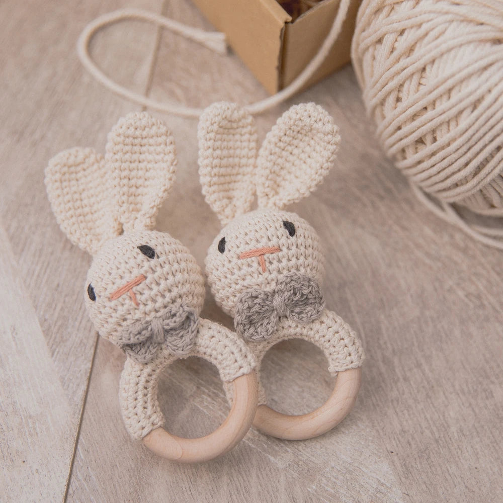 Baby Crochet Rattle Wooden Teether Toy BPA Free Wood Rodent Rabbit Rattle Baby Mobile Play Gym Newborn Educational Music Toys Good Vibrations