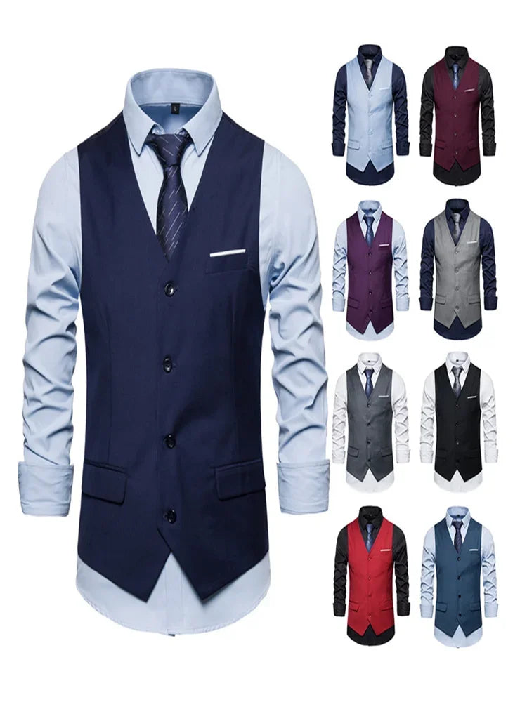 Blue Suit Vest, Men's Business Sleeveless Vests Jacket, Asian size S-6XL, Wedding Party Waistcoat, Red Purple Black Gray Good Vibrations