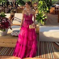 RFYR Fuschia Tiered Ruffles Tulle Prom Dresses Sweetheart Sleeveless Pleat Ruched Saudi Arabic Evening Party Gown Customized Good Vibrations