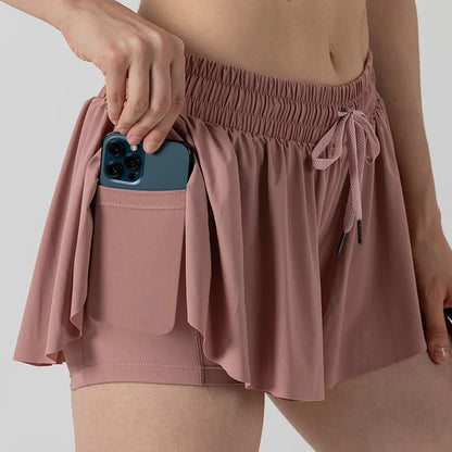2 in 1 Flowy Sports Shorts Women Running Short Butterfly Tennis Skirt with Pockets Gym Yoga Athletic Biker Spandex Skirts Summer Good Vibrations