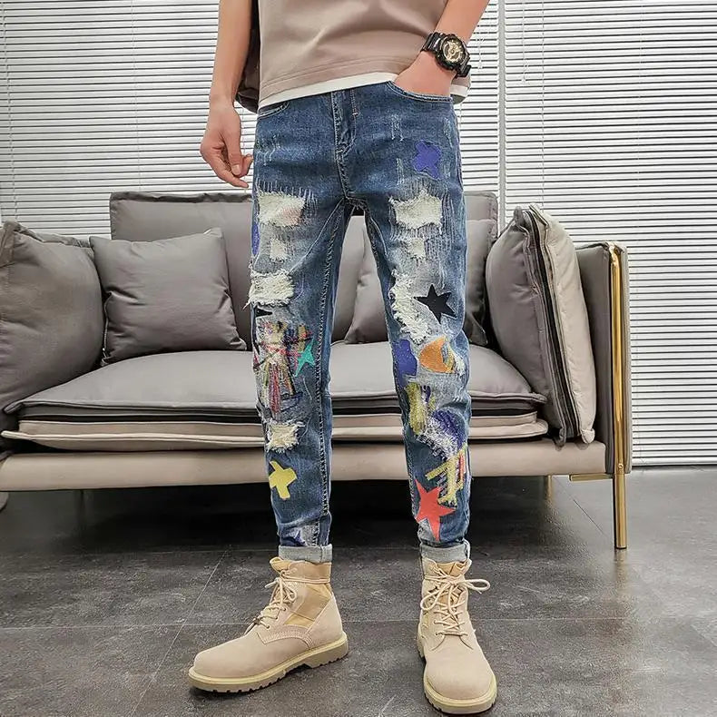 Graphic Men's Jeans Tapered Man Cowboy Pants Ripped with Print Torn Slim Fit Trousers Korean Fashion Retro Broken Harajuku Xs XL Good Vibrations