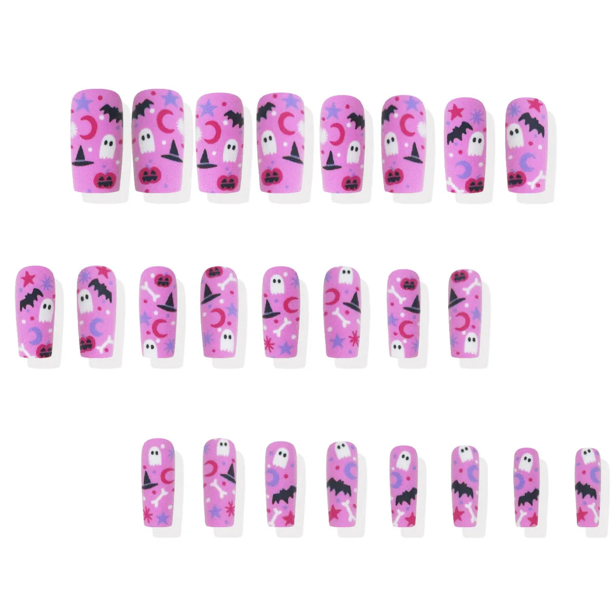 24pcs Pink Long Coffin Fake Nail Tips Halloween Ghost Bat Print Press on Nail Wearable Detachable European Long False Nails Good Vibrations