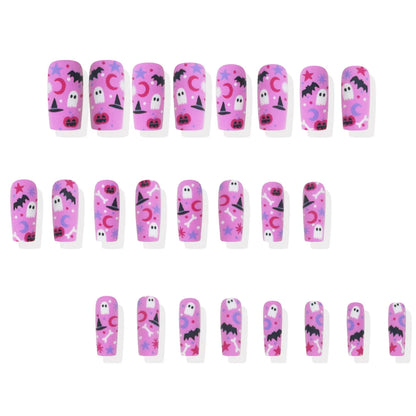 24pcs Pink Long Coffin Fake Nail Tips Halloween Ghost Bat Print Press on Nail Wearable Detachable European Long False Nails Good Vibrations