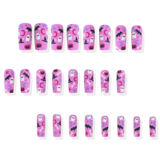 24pcs Pink Long Coffin Fake Nail Tips Halloween Ghost Bat Print Press on Nail Wearable Detachable European Long False Nails Good Vibrations