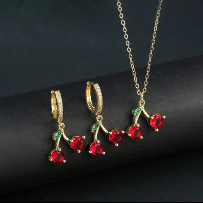 Light Luxury Crystal Zirconia Red Cherry Jewelry Set Earrings Necklace for Women Girls Sweet Jewelry Accessories Party Gifts Good Vibrations Adult Super Store