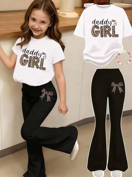 Children's Clothing Girls' Outfit Leopard Print Bow Pattern Printed 2-Piece Set Casual Sports Short-Sleeve Top and Flared Pants Set Suitable for Girls Aged 4-11 for Home, Outing, and School Versatile Wear Good Vibrations