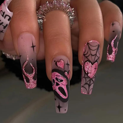 24pcs Glitter Pink Sequins Fake Nails 2025 Halloween Scary Skull Love Print False Nails Wearable European Ballet Press on Nails Good Vibrations