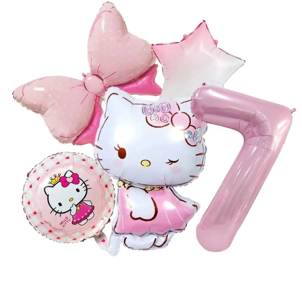 5pcs Hello Kitty Themed Birthday Party Decoration Supplies Kawaii KT Cat 32 Inch Number Foil Balloon Kit Baby Shower Girls Gift Good Vibrations