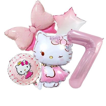 5pcs Hello Kitty Themed Birthday Party Decoration Supplies Kawaii KT Cat 32 Inch Number Foil Balloon Kit Baby Shower Girls Gift Good Vibrations