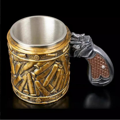 Gun Mugs Revolver Gun Tankard Beer Mug Ammo Bullet Resin Stainless Steel Inner Coffe Water Cup Stein Viking Mug Halloween Gift Good Vibrations