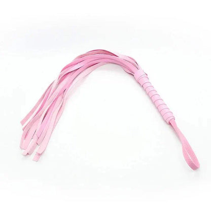 Pink BDSM Bondage Slave Whip with leather strands for erotic role-play.