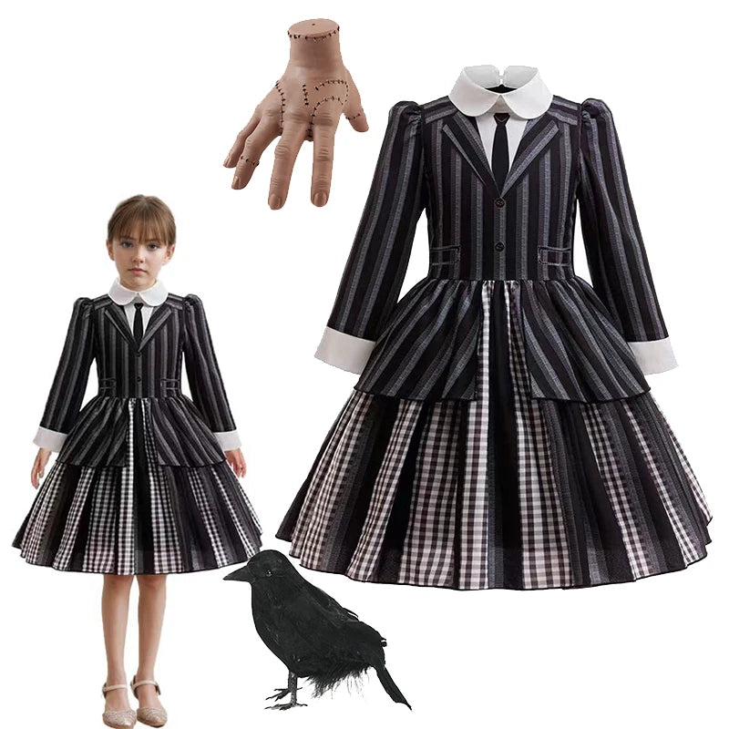 Halloween Gothic Style Costume Dress for Girls Wensday 2 Cosplay Striped School Uniform Party Ball Gown Kids Vestidos Good Vibrations