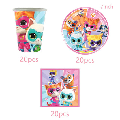 Cartoon Superkitties Birthday Party Decorations Balloons Disposable Tableware Set Paper Plates Banner for Baby Shower Kids Gifts Good Vibrations